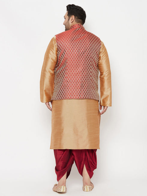 Vastramay PLUS Men's Maroon Nehru Jacket With Rose Gold Kurta And Maroon Dhoti Set